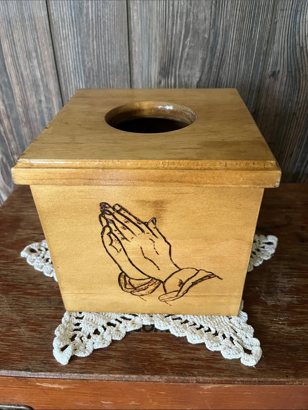 Wooden Prayer Hands Tissue Box Cover - Honey Brown